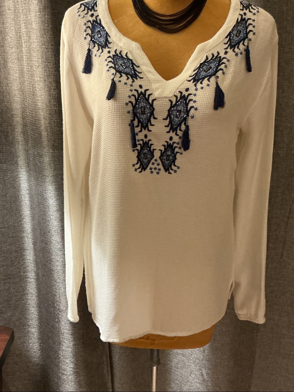 Women's Ivory Long-Sleeve Embroidered Tee with Navy Tassels
